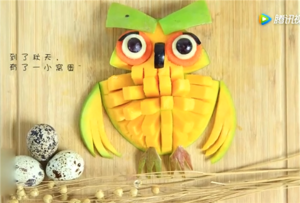 可愛貓頭鷹水果拼盤圖片及做法 一個芒果就可以